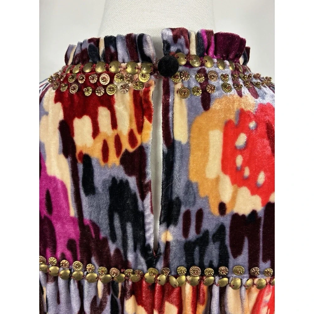ULLA JOHNSON Size 2 Multi Color Velour Abstract Floral Beaded Blouse Boho